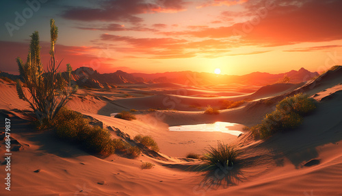 Sunset over the mountain range, a tranquil scene of beauty generated by AI