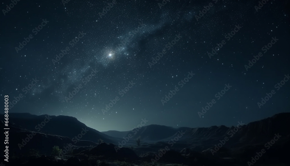 Milky Way illuminates majestic night sky, a tranquil cosmic adventure generated by AI