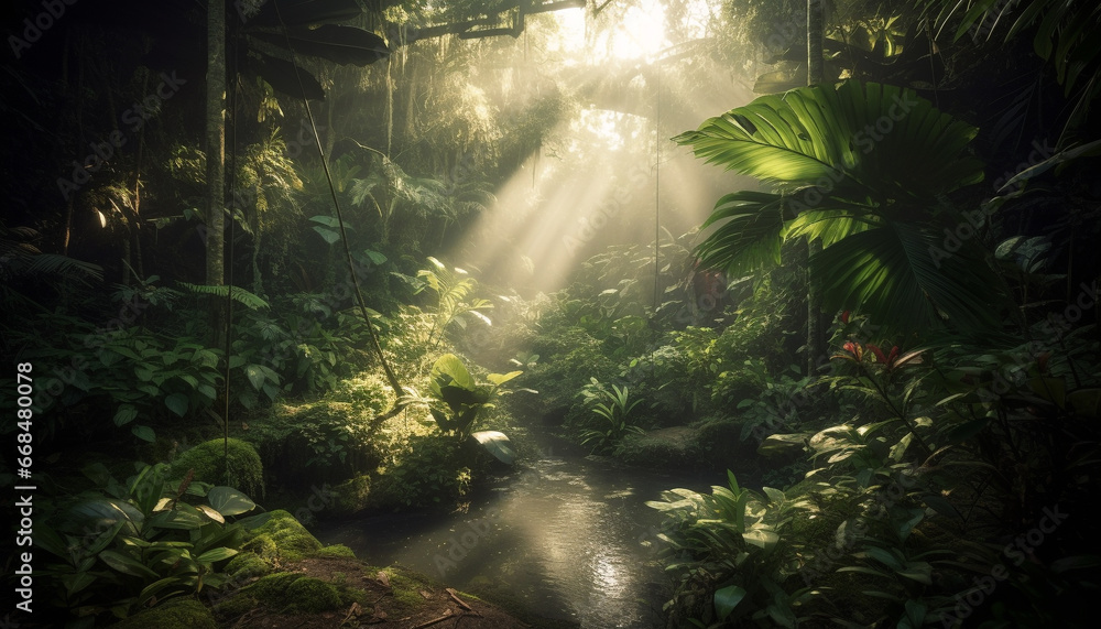 Lush green forest, tropical rainforest, tranquil scene, animals in the wild generated by AI