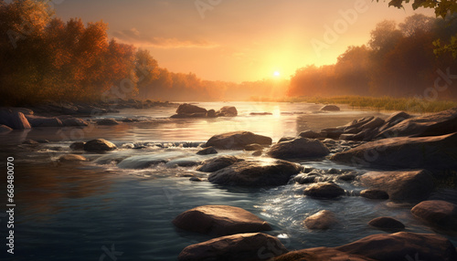 Tranquil scene sunset over water, reflecting beauty in nature generated by AI