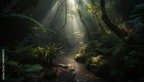 Mysterious tropical rainforest  foggy landscape  dark ferns  wet footpath generated by AI