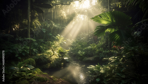 Lush green forest, tropical rainforest, tranquil scene, animals in the wild generated by AI © Stockgiu