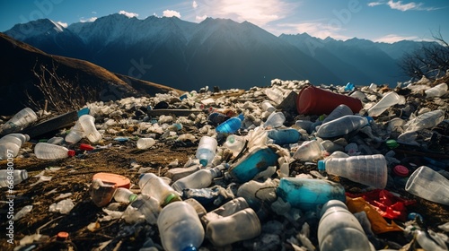 Plastic water bottle waste pollution pollutes mountains. World environment day concept
