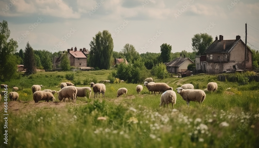 Obraz premium Green meadow, flock of sheep grazing in rural landscape generated by AI