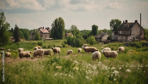 Green meadow, flock of sheep grazing in rural landscape generated by AI