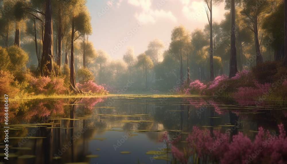 Tranquil scene Reflection of autumn tree in peaceful pond generated by AI Tranquil scene Reflection of autumn tree in peaceful pond generated by AI