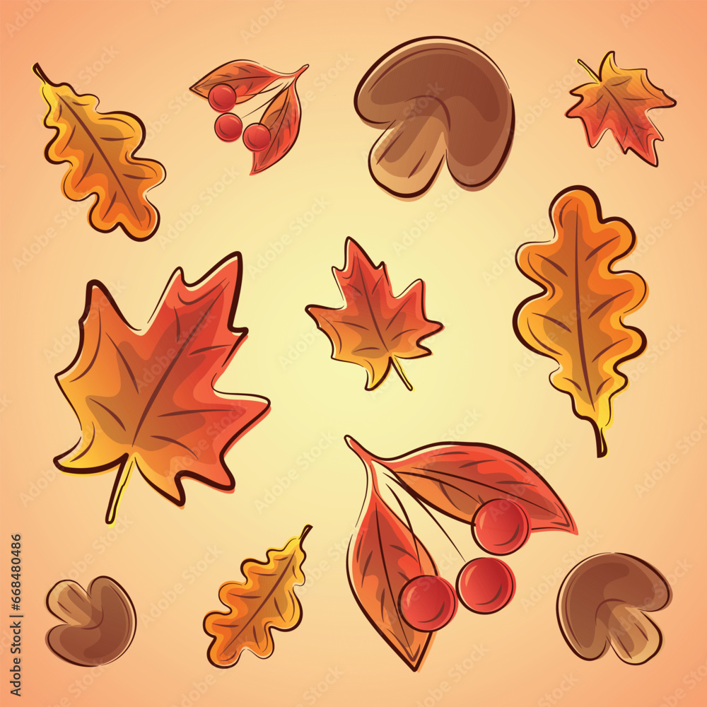 Obraz premium Vector autumn floral pattern set. Colorful autumn leaves mushrooms pattern design art print background wallpaper