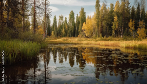 Autumn forest landscape, tree reflects yellow beauty in nature generated by AI