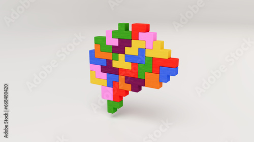 Human brain is made of multi-colored wooden blocks. 