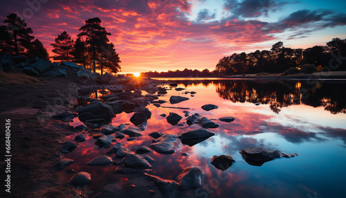 Tranquil sunset over water, reflecting the beauty of nature generated by AI