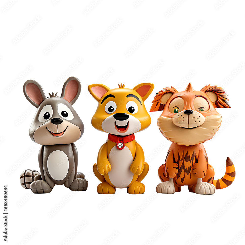 cutout set of 3 cartoon animal toys characters isolated on a transparent background cutout set of 3 cartoon animal toys characters isolated on a transparent background