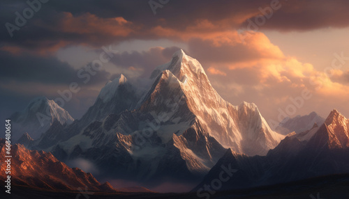Majestic mountain peak, snow capped, dramatic sky, sunset, nature beauty generated by AI