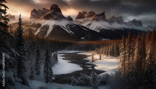 Majestic mountain peak reflects tranquil sunset on snowy landscape generated by AI © Stockgiu