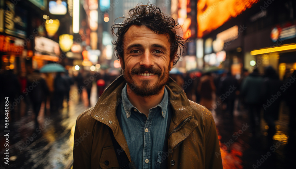 A confident man walking in the city, smiling at camera generated by AI A confident man walking in the city, smiling at camera generated by AI