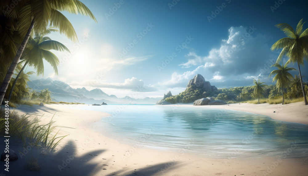 Idyllic tropical coastline, palm trees sway, sunset paints nature beauty generated by AI