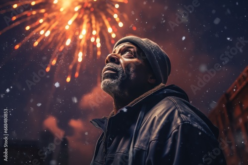 Elderly Man Observing Colorful Sky, Fireworks Night Celebration, ai generated