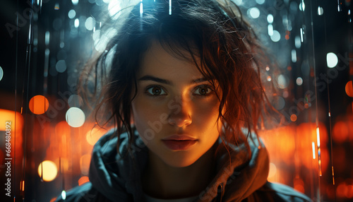 A young woman, illuminated by street lights, looking at camera generated by AI