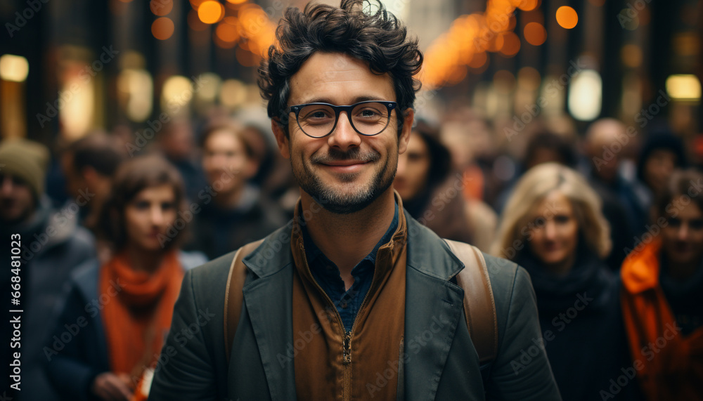 Obraz premium man walking in the city, smiling at camera generated by AI