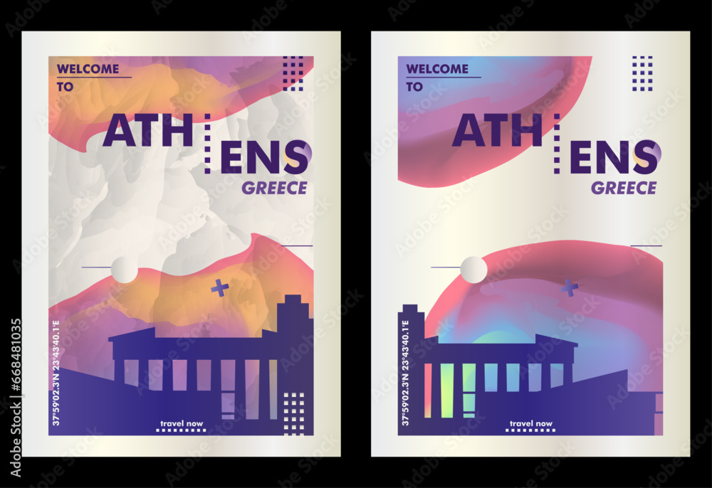 Greece Athens city poster pack with abstract skyline, cityscape, landmark and attraction. Travel vector illustration layout set for vertical brochure, website, flyer, presentation