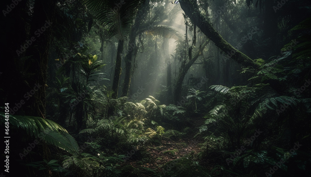 Mysterious tropical rainforest, a dark, spooky wilderness of beauty and adventure generated by AI