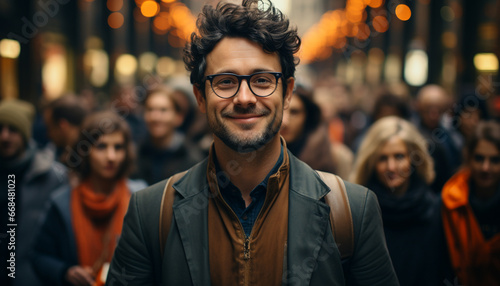man walking in the city, smiling at camera generated by AI