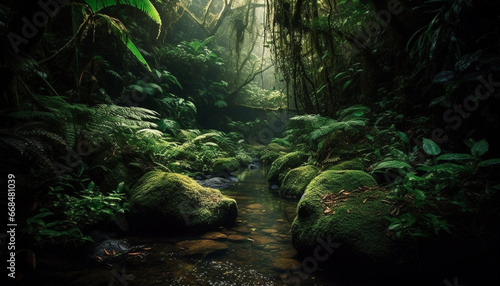 Mysterious ferns grow in a tranquil tropical rainforest landscape generated by AI