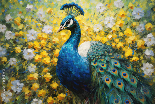 A peacock painted with oil paints on flower.