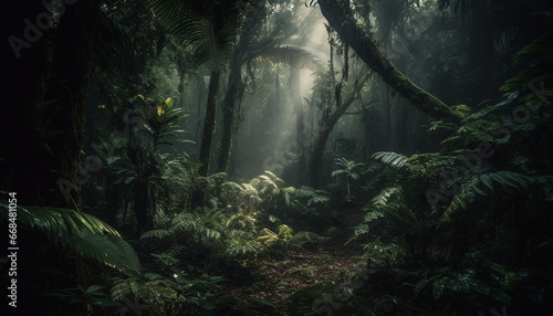 Mysterious tropical rainforest  a dark  spooky wilderness of beauty and adventure generated by AI