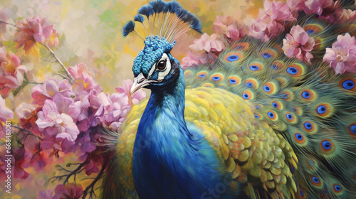 A peacock painted with oil paints on flower.