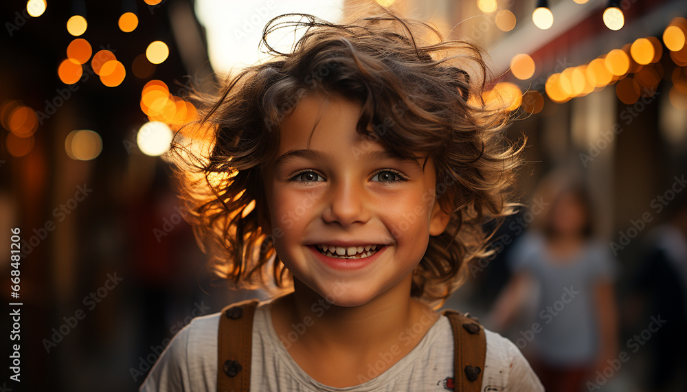 A cheerful child outdoors, looking at camera, smiling with joy generated by AI A cheerful child outdoors, looking at camera, smiling with joy generated by AI