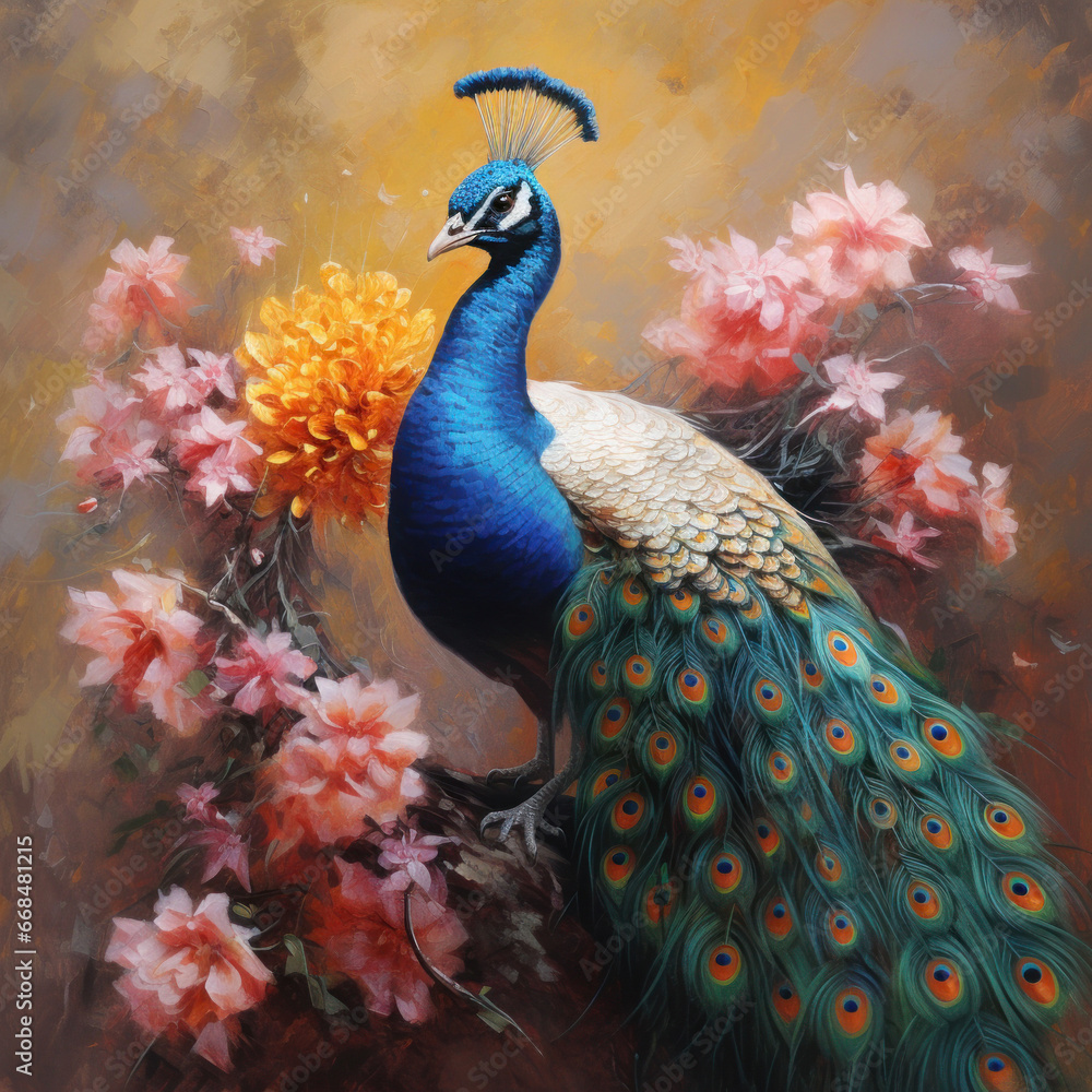 Fototapeta premium A peacock painted with oil paints on flower.