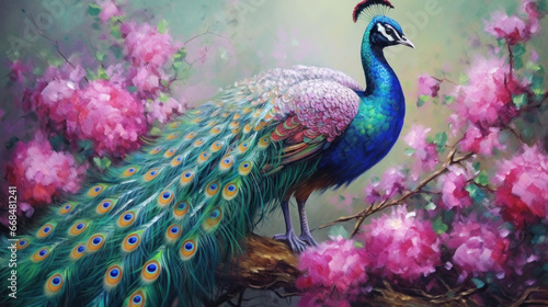 A peacock painted with oil paints on flower.
