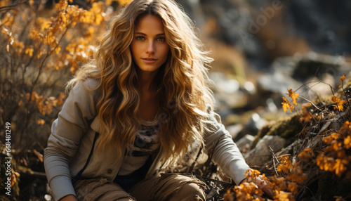Young woman sitting in autumn forest, smiling, looking at camera generated by AI