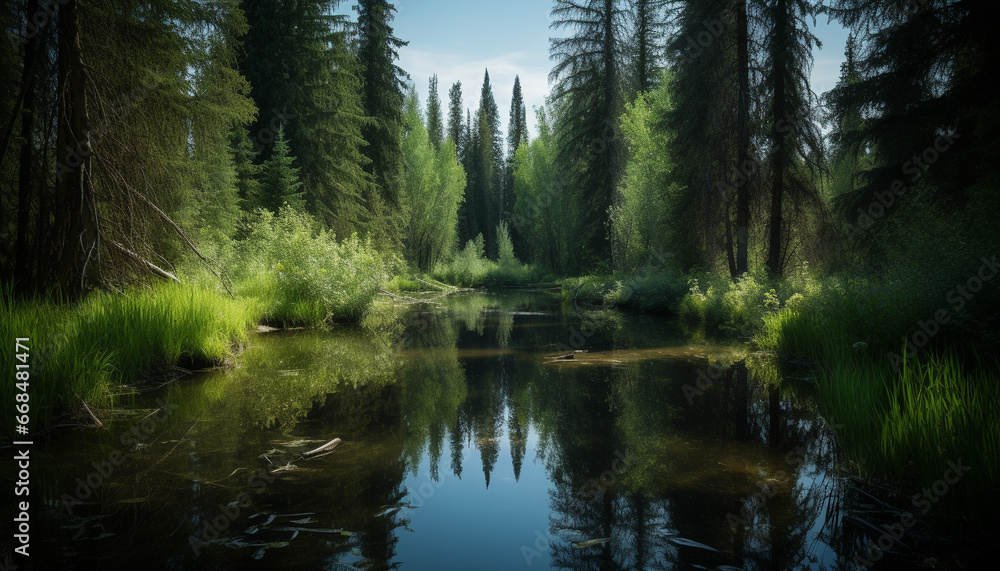 Tranquil scene of a green forest with a flowing river generated by AI