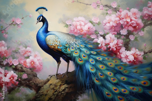 Beautiful peacock painted with oil paints on flower.