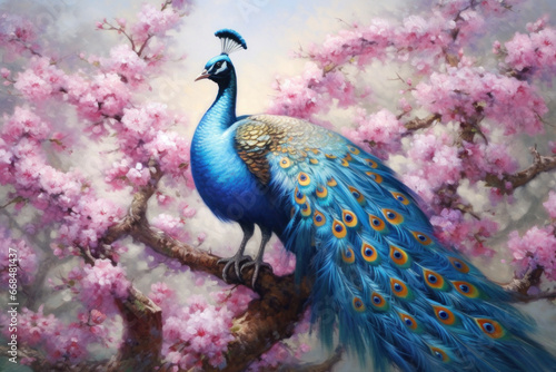 Beautiful peacock painted with oil paints on flower.