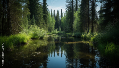 Tranquil scene of a green forest with a flowing river generated by AI