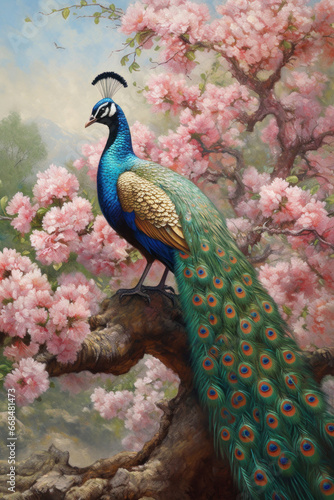 Beautiful peacock painted with oil paints on flower.