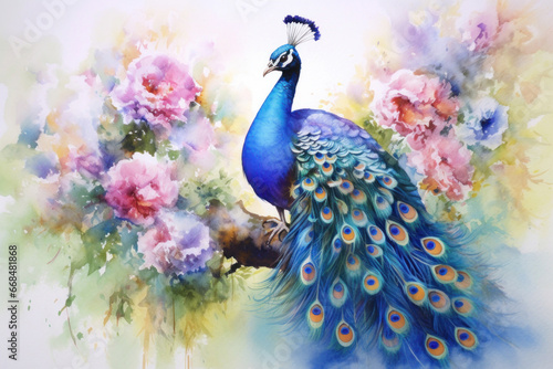 A peacock, Watercolor painting of peacock on flower.