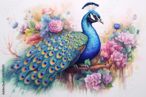 A peacock, Watercolor painting of peacock on flower.