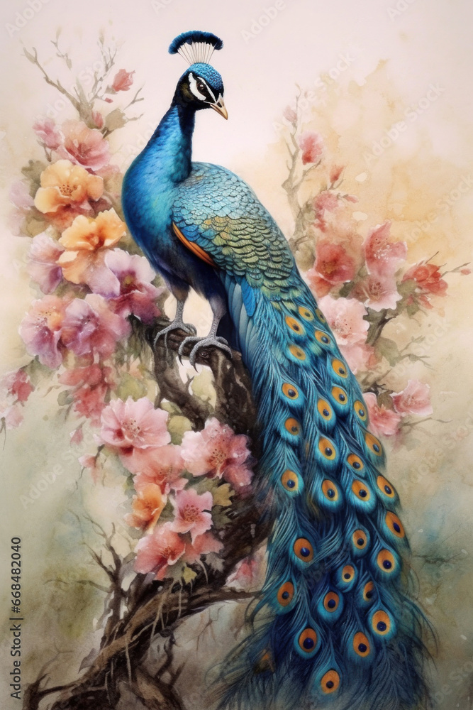 Obraz premium Beautiful Peacock, Watercolor Painting of Peacock on Flower.