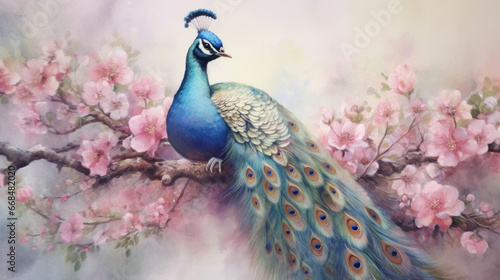 Beautiful Peacock, Watercolor Painting of Peacock on Flower.