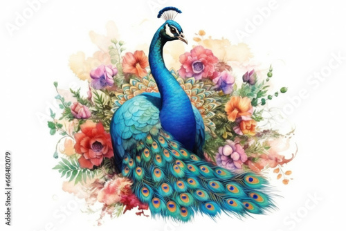 Beautiful Peacock, Watercolor Painting of Peacock on Flower.