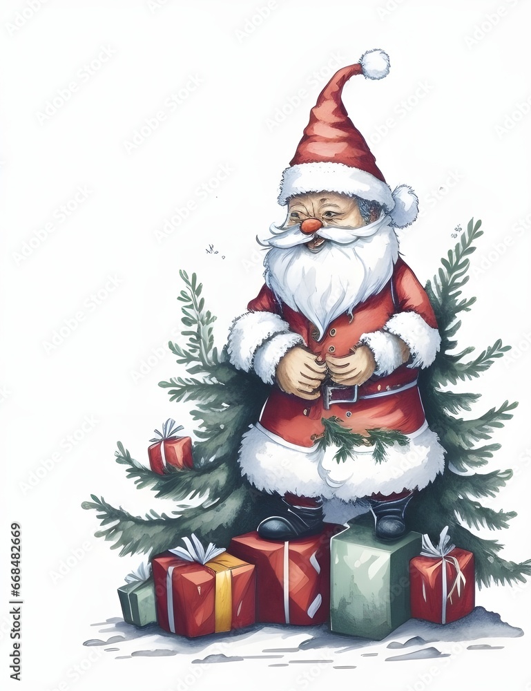 Santa claus with gift box and Christmas tree on white background. Santa claus with gift box and Christmas tree on white background.