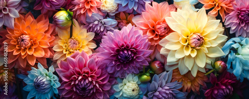 A group of colorful Dahlia flowers in the garden