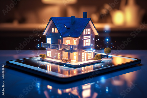 Small illuminated house on a tablet. Smart house concept.