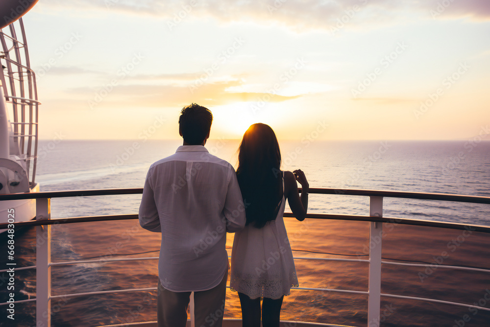 Fototapeta premium A young couple watching the sunset on the sea from a cruise ship deck