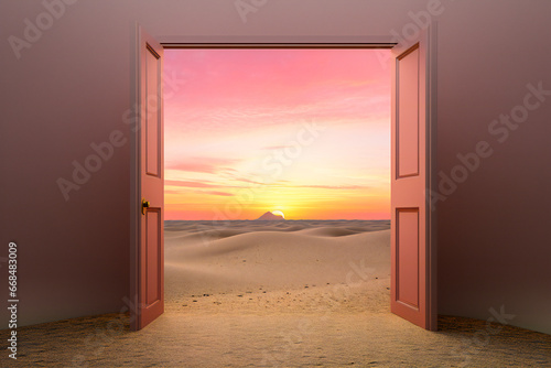 An opened door leading to desert. Path to unknown concept.