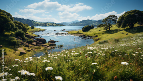 Idyllic meadow, green tree, mountain peak, tranquil water reflection generated by AI