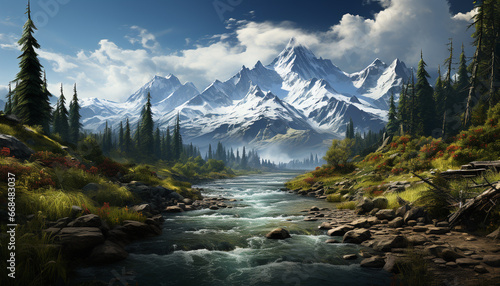 Majestic mountain peak reflects in tranquil water, nature beauty generated by AI © Jemastock